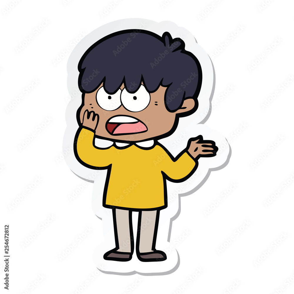 sticker of a worried cartoon boy