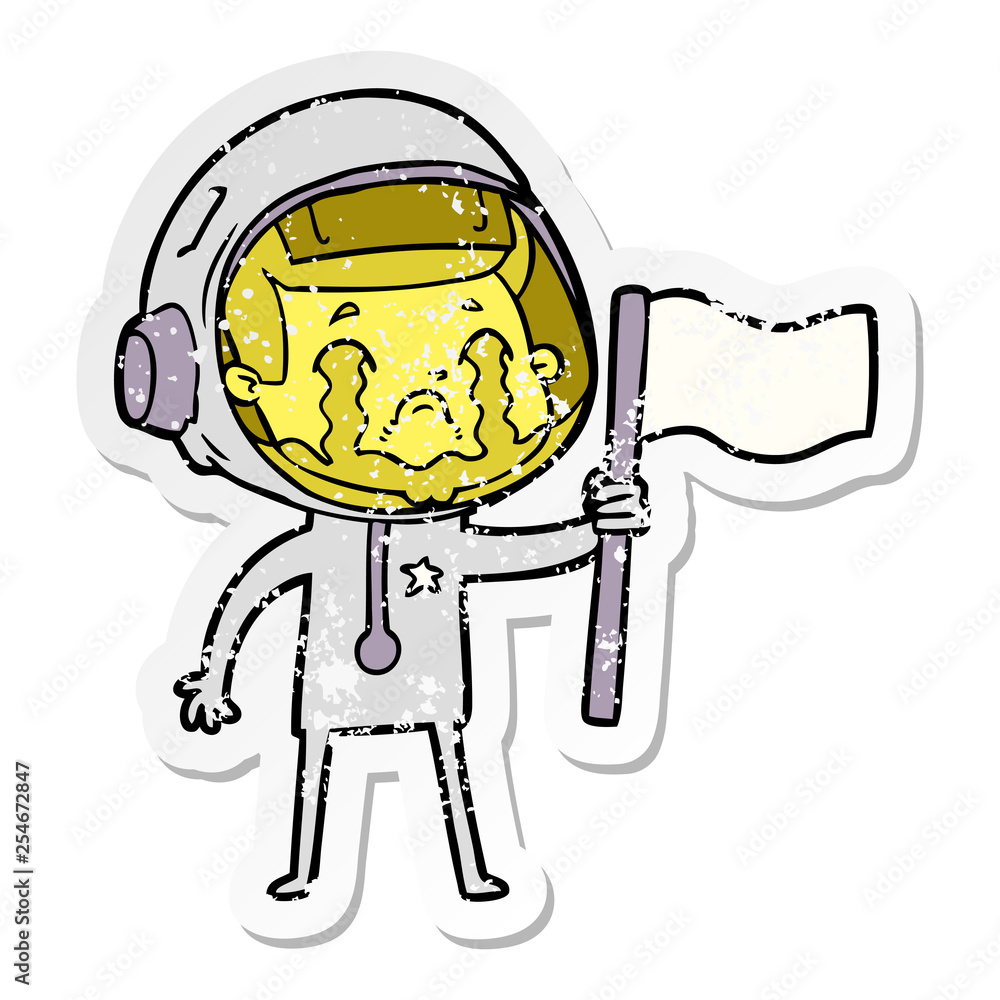 distressed sticker of a cartoon crying astronaut distressed sticker of a cartoon crying astronaut