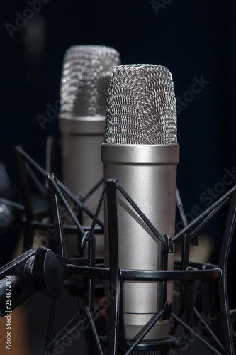 Two professional studio microphones on stands, podcasting, voiceover photo