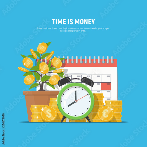 Business financial concept time is money. Coins, alarm clock, money tree and calendar. Investment, financial planning, payment deadline, time management. Vector illustration in flat style.