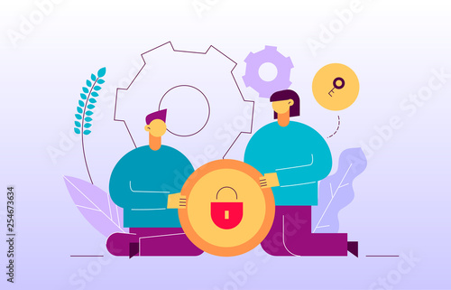 Vector data encryption web page online banner template with man and woman holding lock icon. Privacy concept illustration