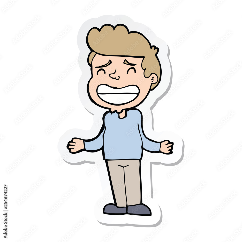 sticker of a cartoon boy shrugging sticker of a cartoon boy shrugging