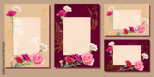 Set horizontal, vertical templates, Mother's Day cards with carnation: red, pink, white flowers, fern, eucalyptus. Burgundy, beige backgrounds, frame for design, vintage botanical illustration, vector
