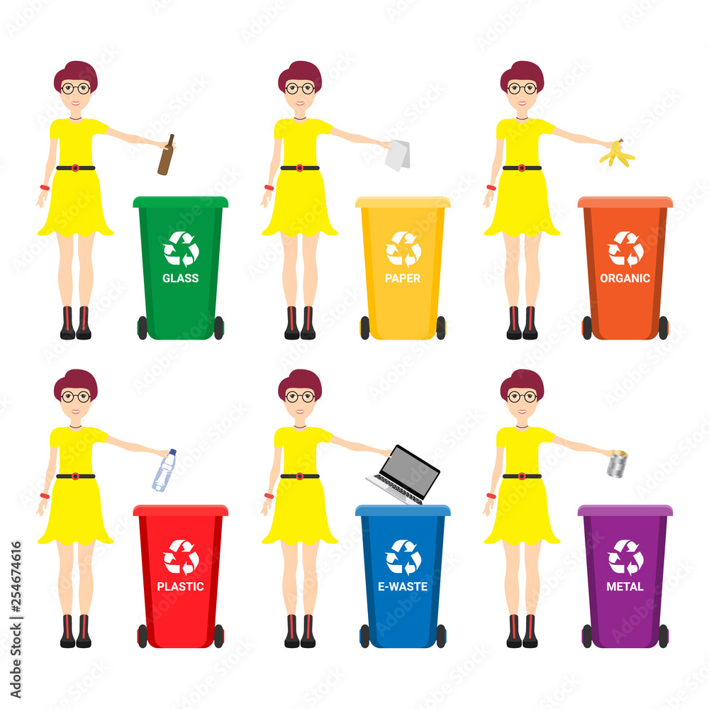 Caucasian woman throwing away garbage. Woman standing near six bins and