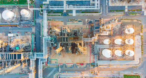 Aerial top down photo of petroleum refinery.