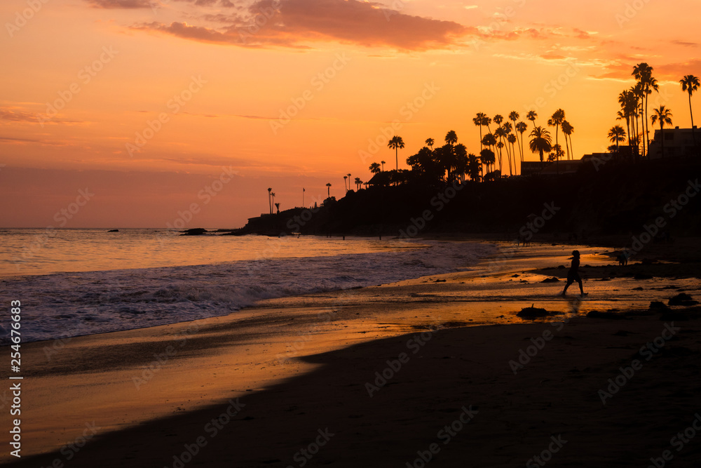 SIlhouetted People and Palm Trees on the Beach at Sunset in Southern California