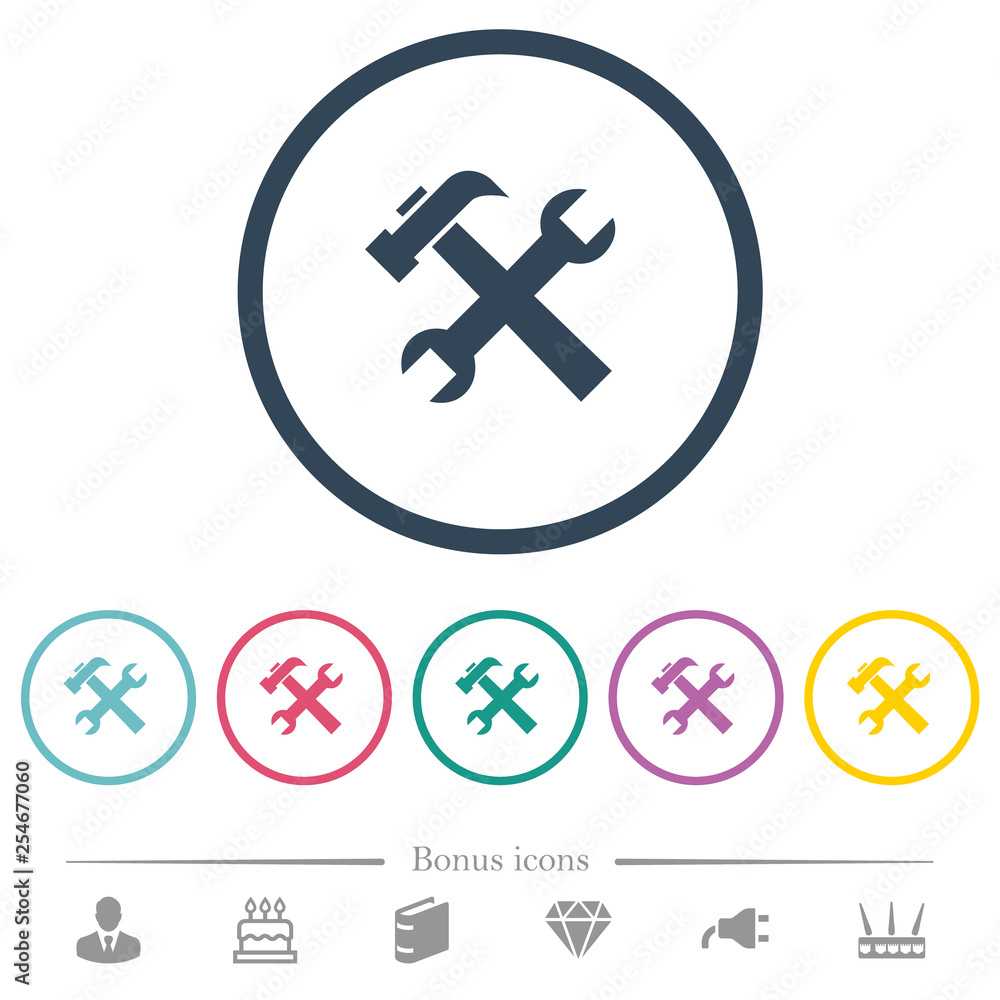 Wrench and hammer flat color icons in round outlines Wrench and hammer flat color icons in round outlines