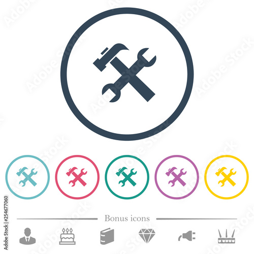 Wrench and hammer flat color icons in round outlines