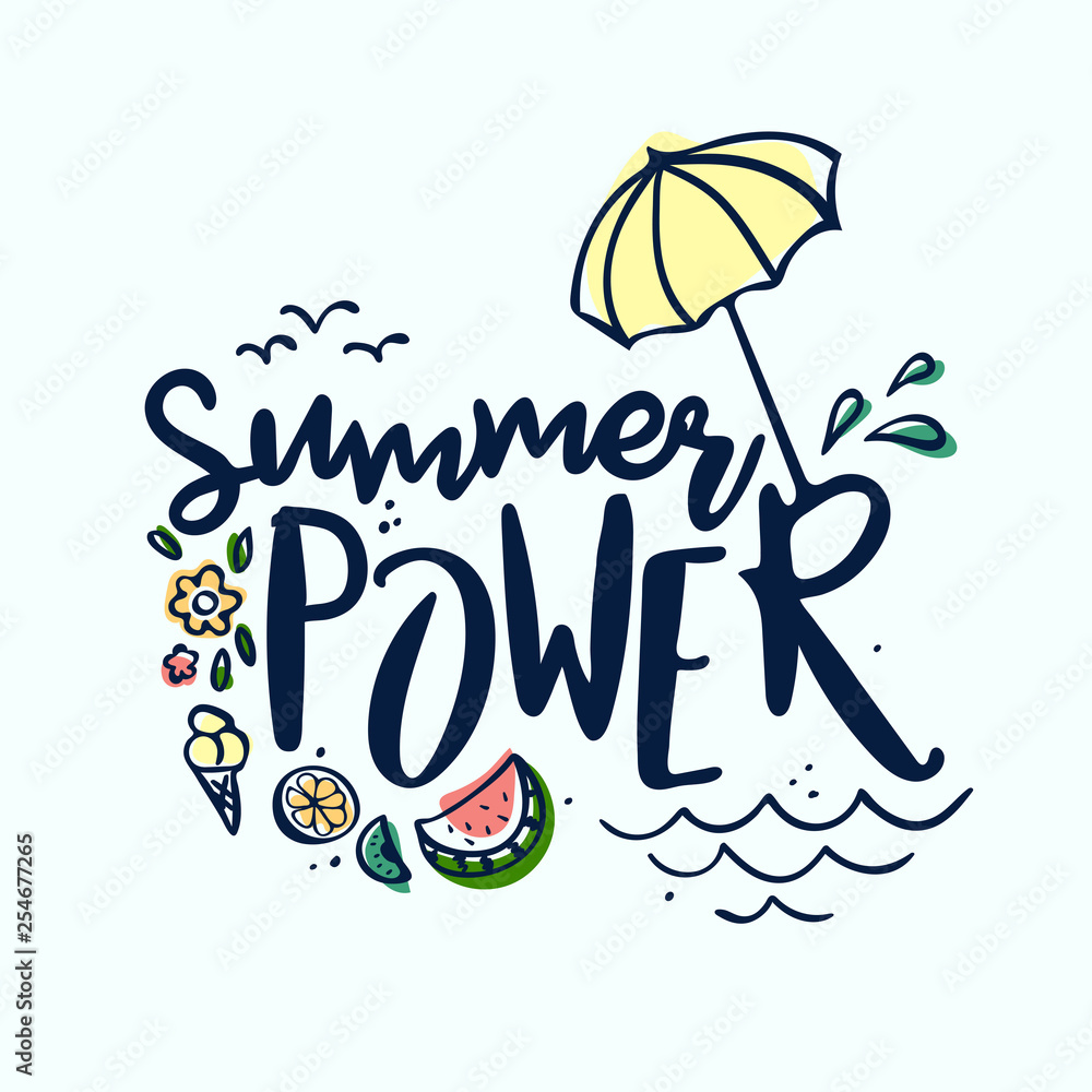 Summer Lettering label, logo, hand drawn tags and elements set for summer holiday, travel, beach vacation, sun. Vector illustration for textile print t-shirt, swim suit and other