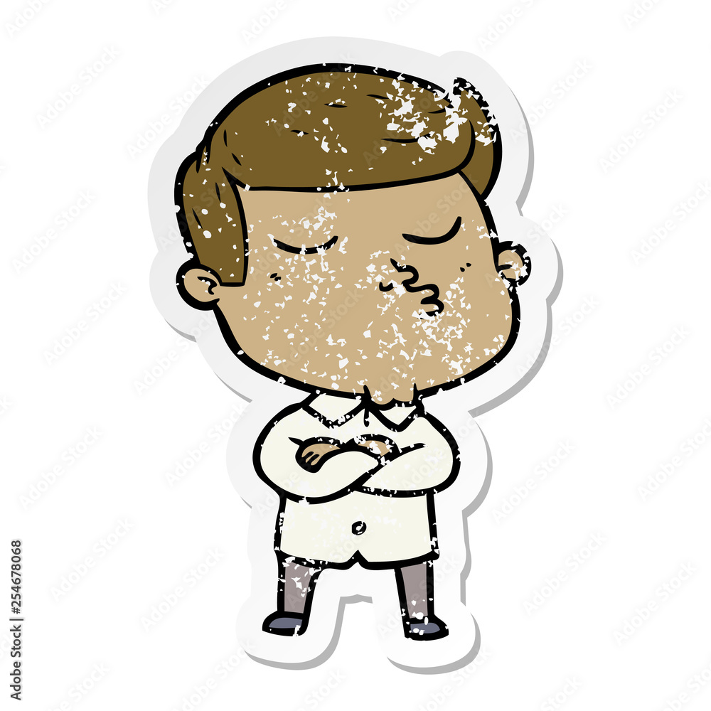 distressed sticker of a cartoon model guy pouting distressed sticker of a cartoon model guy pouting
