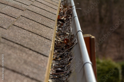 Leaves and branches in the gutters. The need to clean gutters from the debris that the water could flow through. Dirt in the gutters.