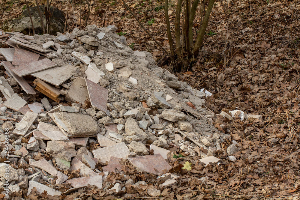Black dump in the middle of the forest. Construction rubble dumped in the middle of the forest. Environmental pollution. Black dump in the middle of the forest. Construction rubble dumped in the middle of the forest. Environmental pollution.