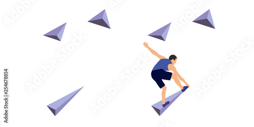 Man climbs on a climbing wall in a climbing gym isolated on a white background. Vector illustration.