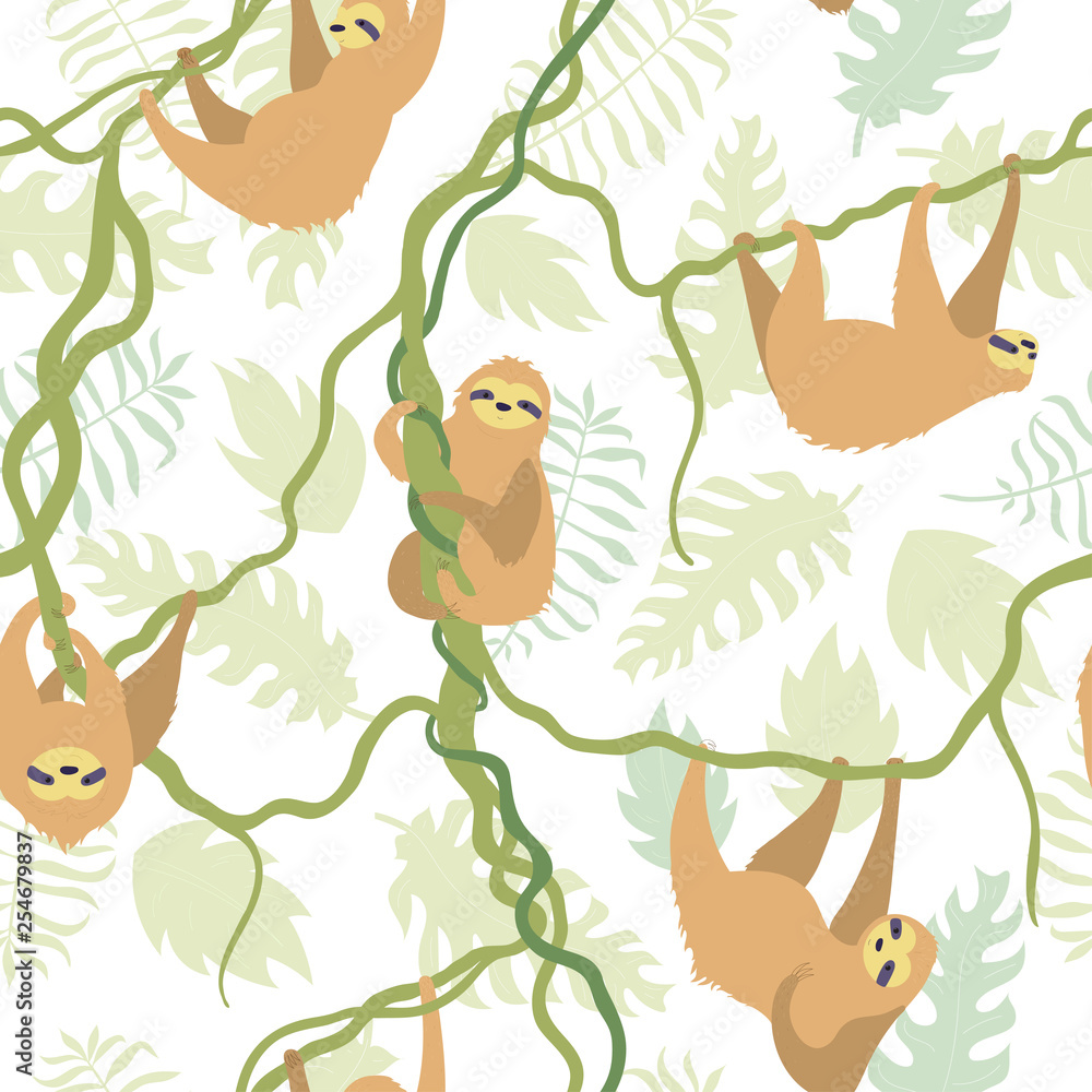 Fototapeta premium Vector seamless pattern with cute sloth