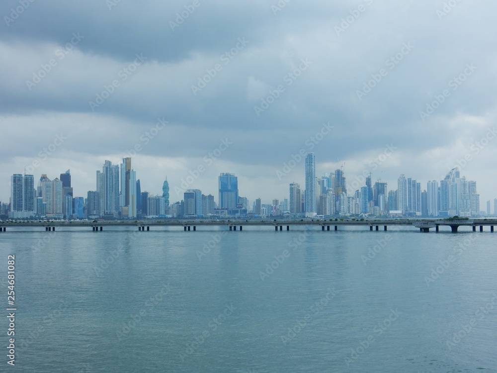 Panama city skyline in a cloudy day with the city coastal belt, Panama, Central America