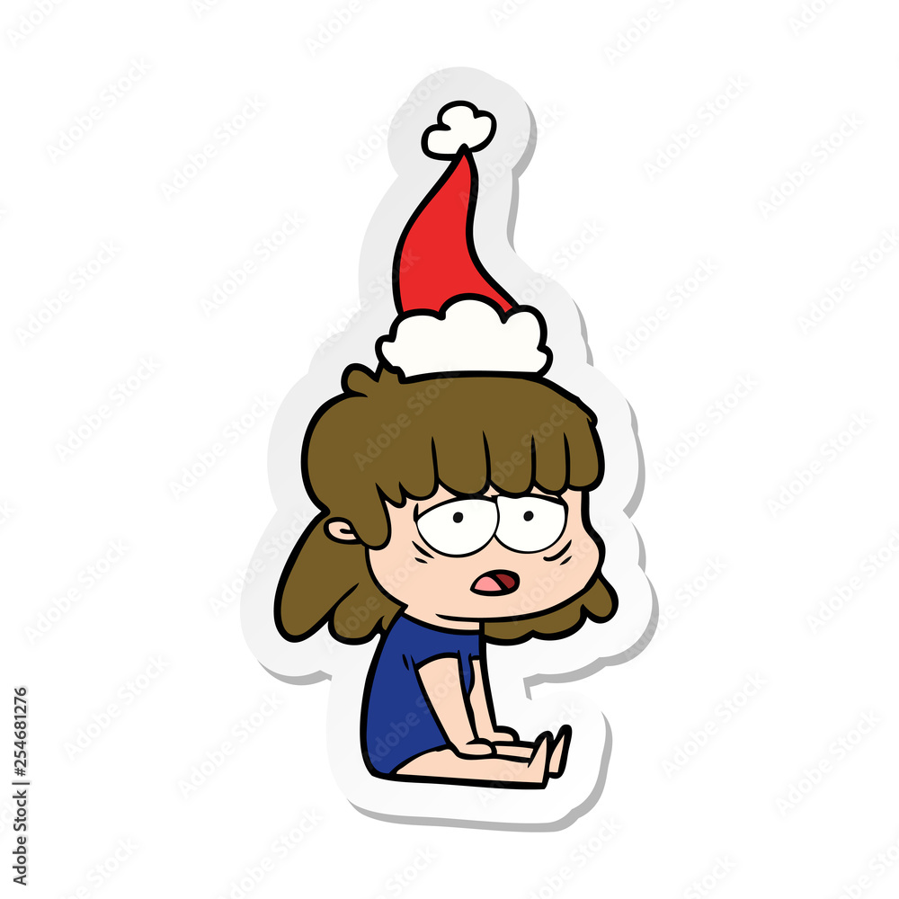 sticker cartoon of a tired woman wearing santa hat sticker cartoon of a tired woman wearing santa hat