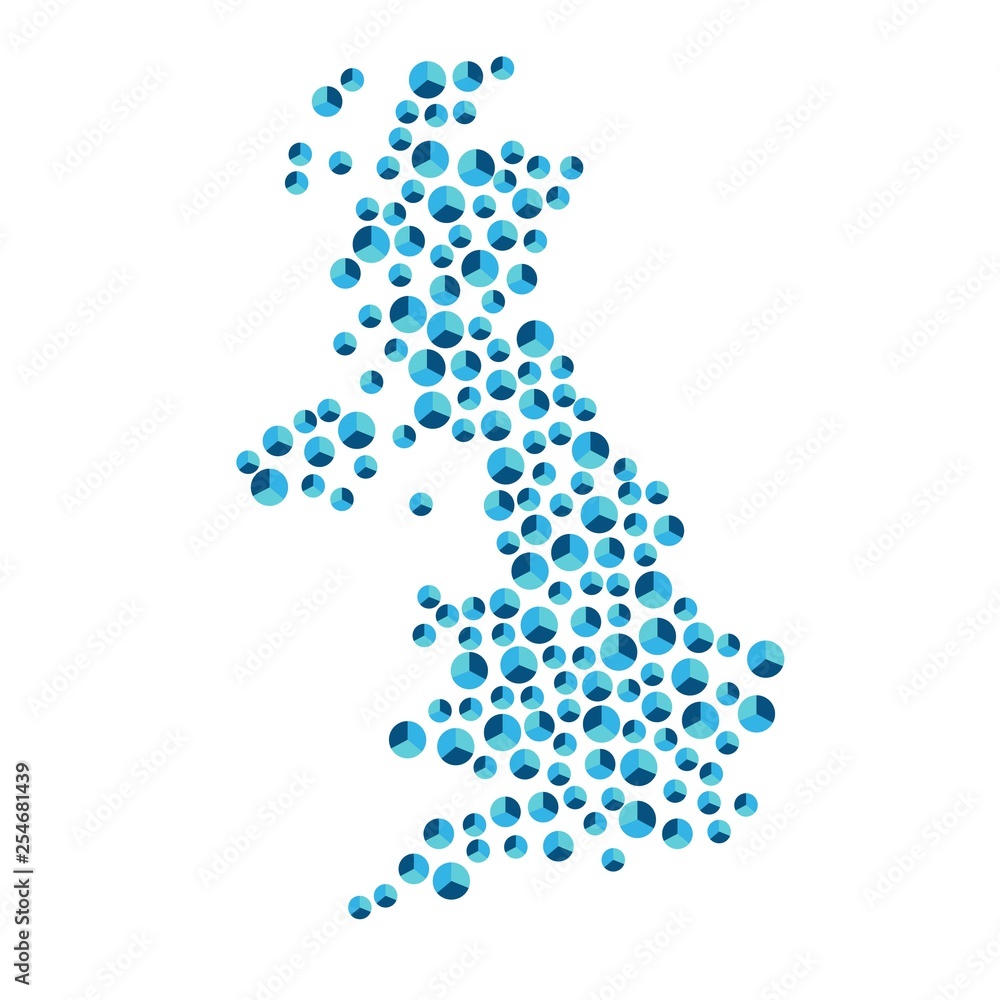 united kingdom map background blue round closely placed pie charts for infographics eps