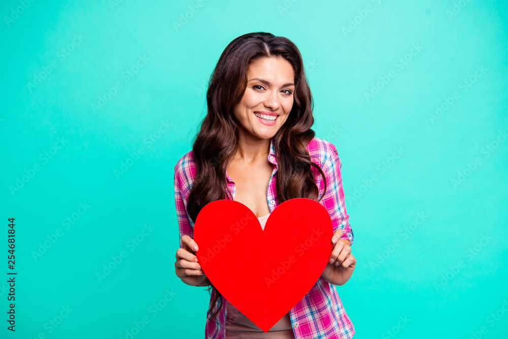Close up photo beautiful she her lady hands arms hold pretty sweet large heart shape figure postcard glad wearing casual plaid checkered pink shirt outfit isolated teal bright vivid background Close up photo beautiful she her lady hands arms hold pretty sweet large heart shape figure postcard glad wearing casual plaid checkered pink shirt outfit isolated teal bright vivid background
