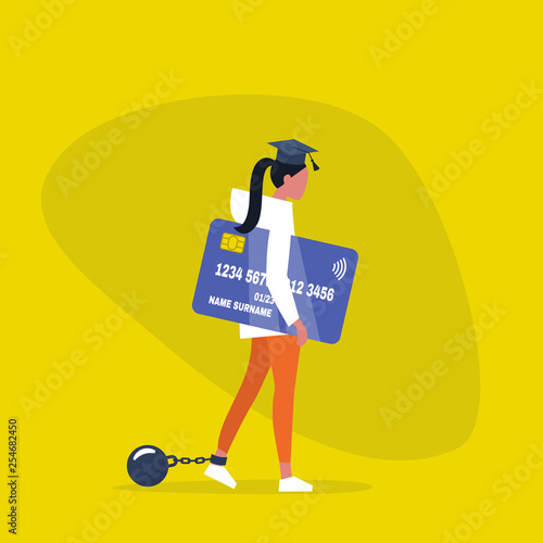 Education loan. Young exhausted female character wearing a graduation cap, shackles and holding a credit card. Obligation. Debt. Concept/ flat editable vector illustration, clip art