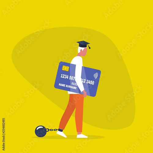 Education loan. Young exhausted male character wearing a graduation cap, shackles and holding a credit card. Obligation. Debt. Concept/ flat editable vector illustration, clip art