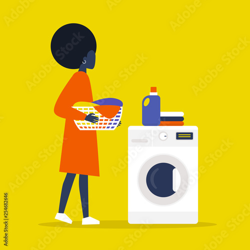 Young black female character holding a laundry basket. Laundromat. Detergent. Daily chores concept. Flat editable vector illustration, clip art