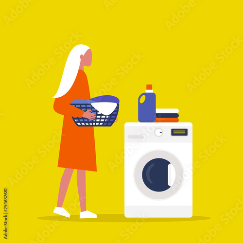 Young female character holding a laundry basket. Laundromat. Detergent. Daily chores concept. Flat editable vector illustration, clip art