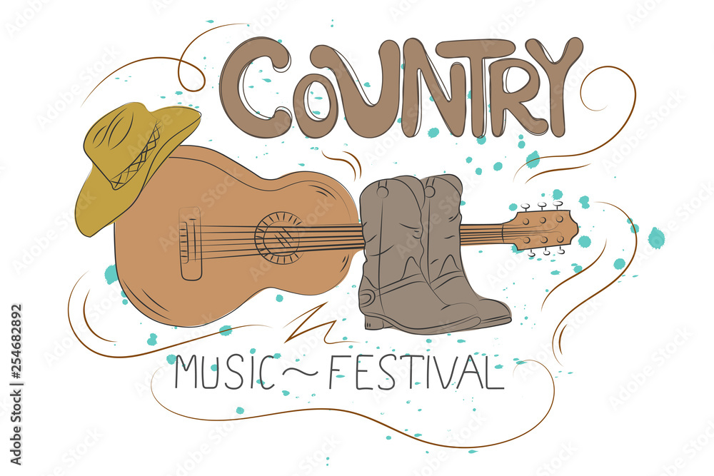 Obraz premium Country music illustration with guitar, cowboy shoes and hat. Hand drawn vector elements.