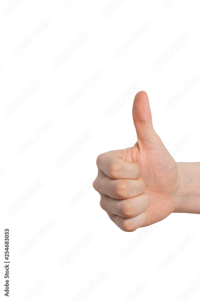 male hand with thumb up diagonally on a white background. male hand with thumb up diagonally on a white background.