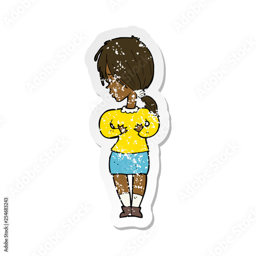retro distressed sticker of a cartoon shy woman