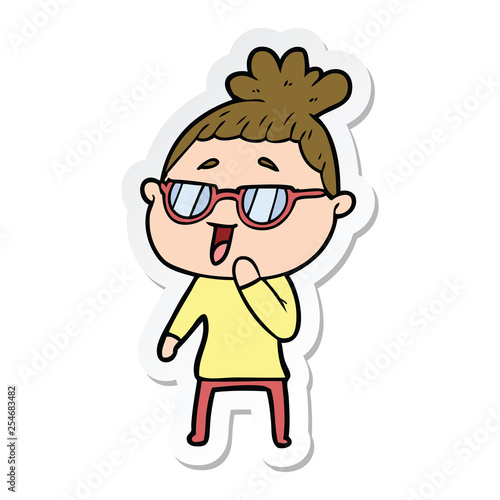 sticker of a cartoon happy woman wearing spectacles