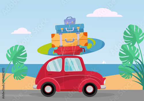 Little red retro car rides from the sea with stack of suitcases on roof. Flat cartoon vector illustration. Car side View With surfboard and baggage. Southern landscape with sand, leaves of Monstera © LanaSham