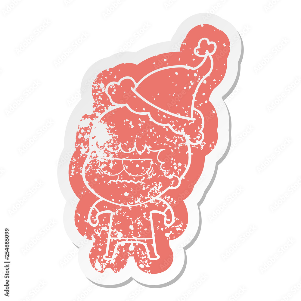 cartoon distressed sticker of a annoyed man wearing santa hat cartoon distressed sticker of a annoyed man wearing santa hat
