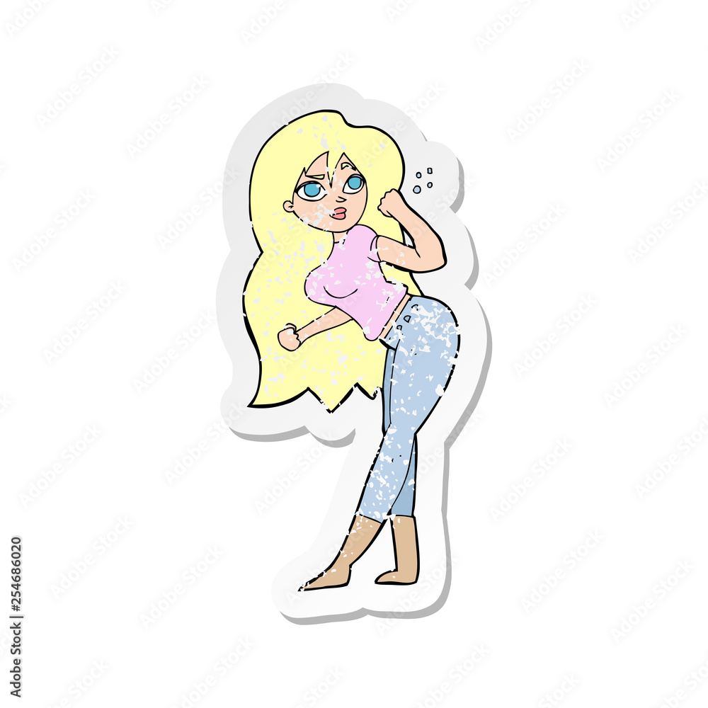 retro distressed sticker of a cartoon woman raising fist retro distressed sticker of a cartoon woman raising fist