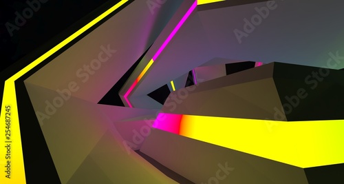 Abstract white Futuristic Sci-Fi interior With Gradient Glowing Neon Tubes . 3D illustration and rendering.