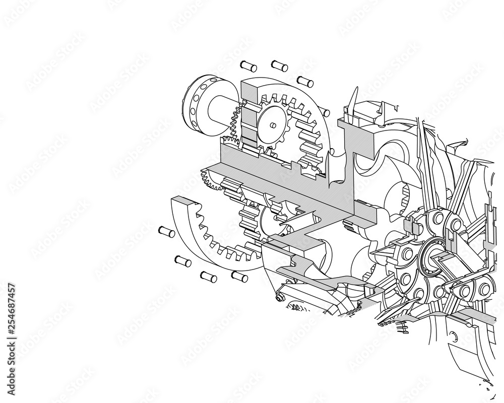 Disassembled engine on a white