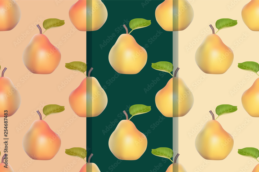 Set of three seamless patterns with pears in realistic style. Colorful illustration, eps10. Set of three seamless patterns with pears in realistic style. Colorful illustration, eps10.