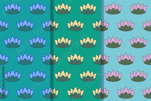 Set of three seamless patterns with water lilies on the pond in one style. Colorful illustration, eps10.