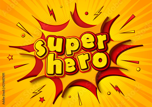 Cartoon comics book Superhero. Poster in comics and pop art style with speech bubbles, multilayer funny letters, halftone and sound effects on yellow striped background. Colorful cool banner