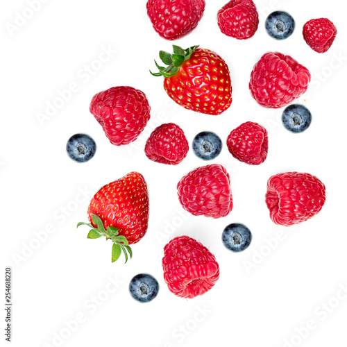 Mixed Summer Berries. Strawberry, Raspberry, Blueberries and Mint leaf isolated on white background, top view, flat lay.