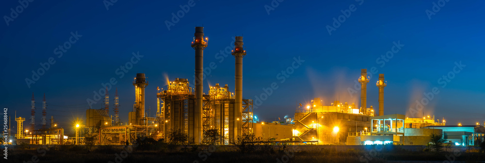 Panorama industrial power plant.  Oil refinery and Oil industry at Twilight