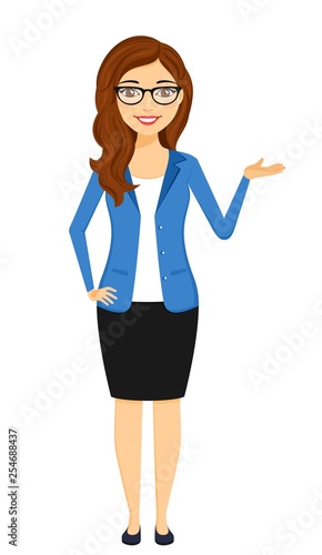 Young businessman girl. A girl in a business suit makes a gesture. Business and Finance.