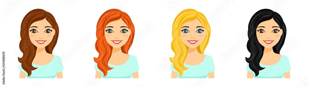 Young girl, set. Portraits of a smiling girl with different hair color. Young girl, set. Portraits of a smiling girl with different hair color.