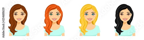 Young girl, set. Portraits of a smiling girl with different hair color.