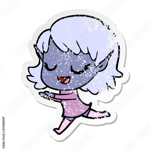 distressed sticker of a happy cartoon elf girl running