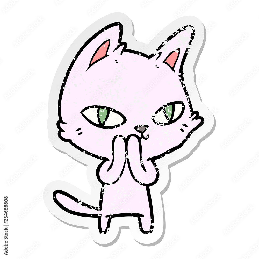 distressed sticker of a cartoon cat staring distressed sticker of a cartoon cat staring