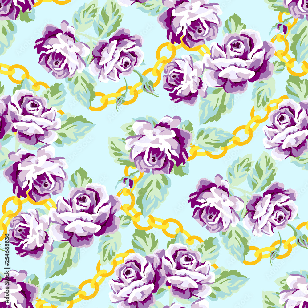 Floral roses pattern with golden chains. Chic flower pattern design on a pastel blue background