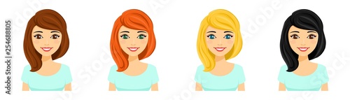 Young girl, set. Portraits of girls with different hair colors.