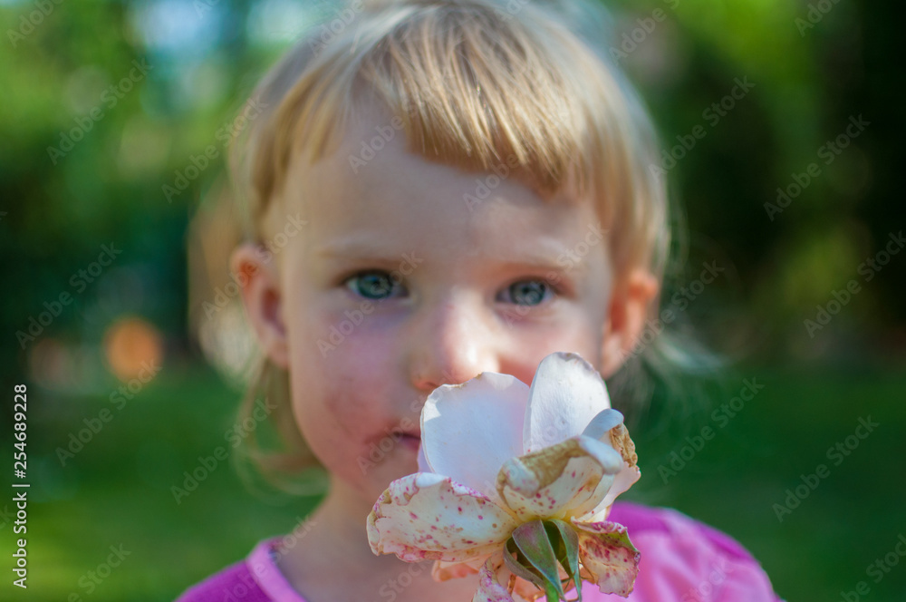 Little blonde girl with a white rose Little blonde girl with a white rose