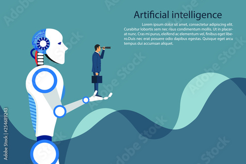 Artificial intelligence robot holding businessman in hand. Future technology symbol, innovation and progress. Vector illustration in flat design. photo