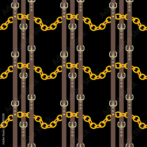 Golden chains with brown belts on a black background
